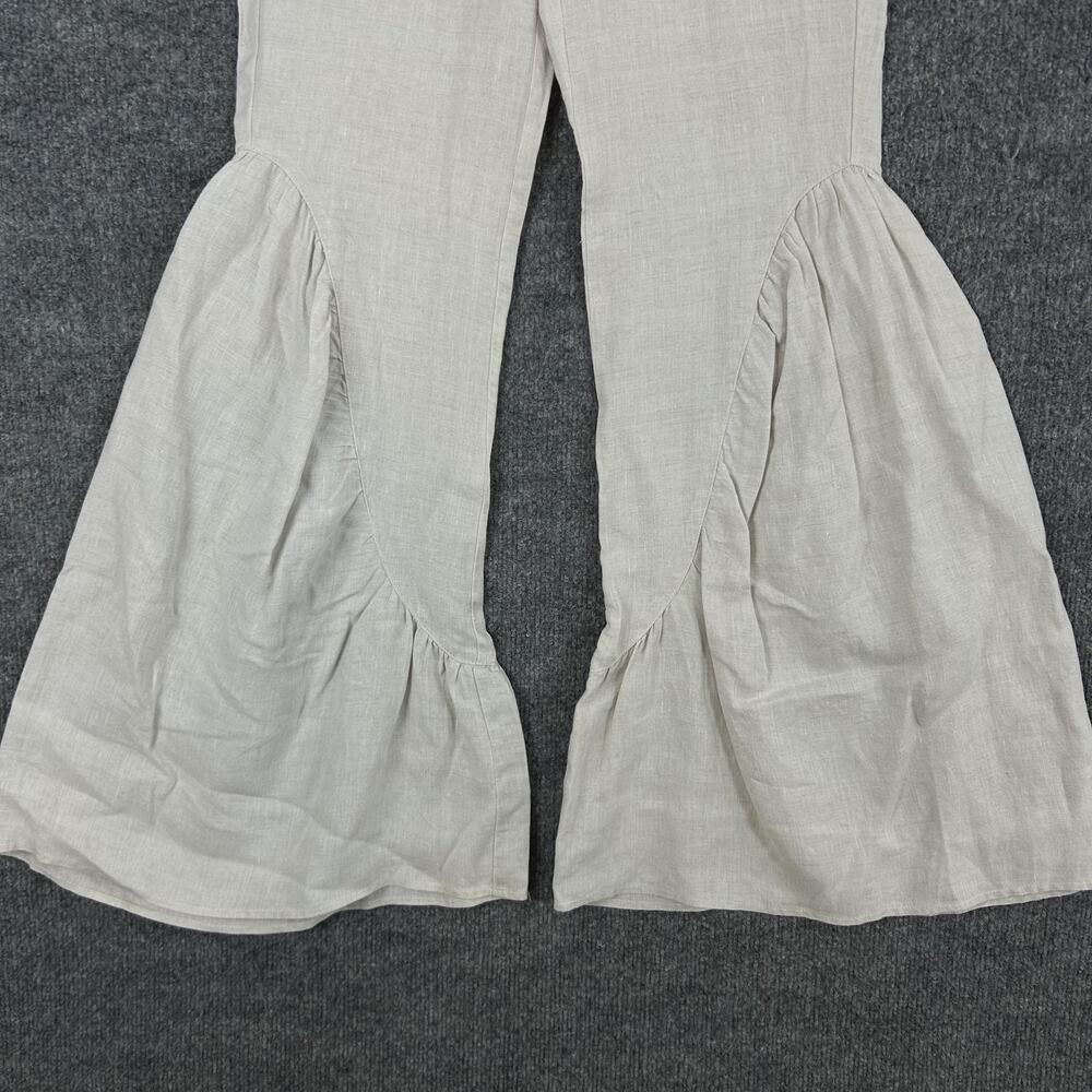 Lanhtropy Pants XS Gypsy Linen Denim Flare Ruffle High Waist Beige Boho Hippie - Picture 3 of 13